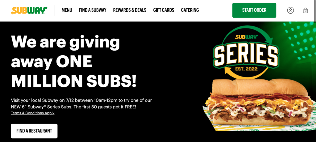 SUBWAY OFFERS FREE SIX INCH SUBWAY SERIES SUB